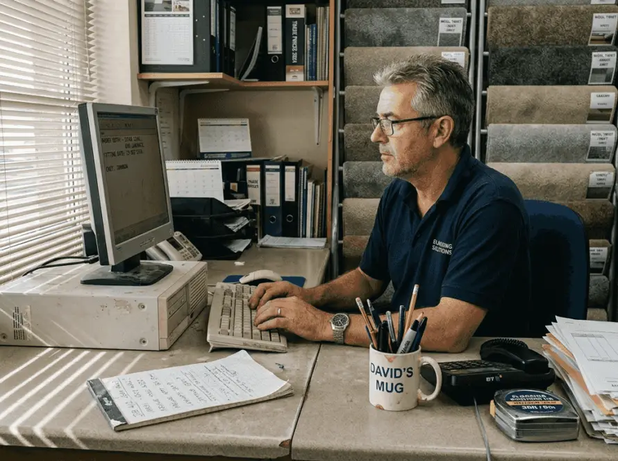 Flooring retailer working on Google Ads at desk