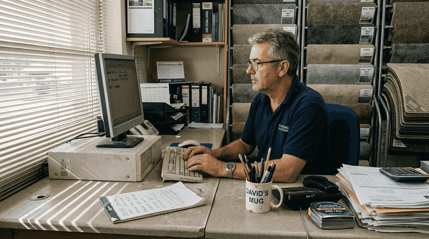 Flooring retailer working on Google Ads at desk