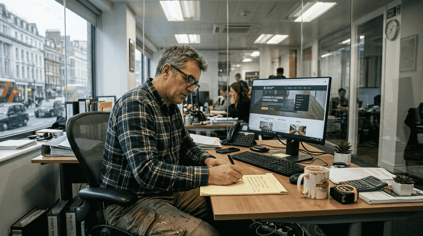 Man reviewing flooring website in cluttered office