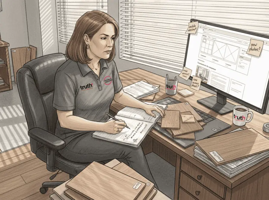 Flooring business owner reviews website at cluttered desk
