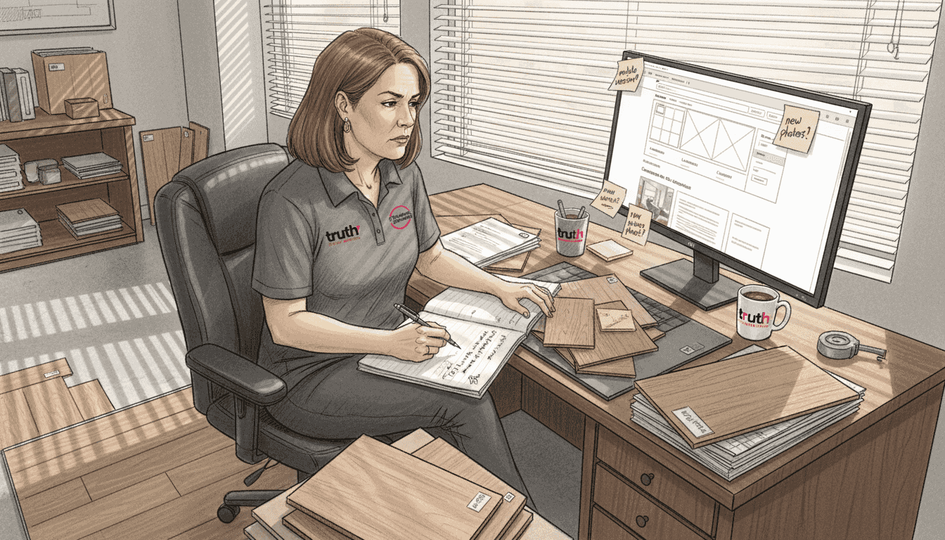 Flooring business owner reviews website at cluttered desk