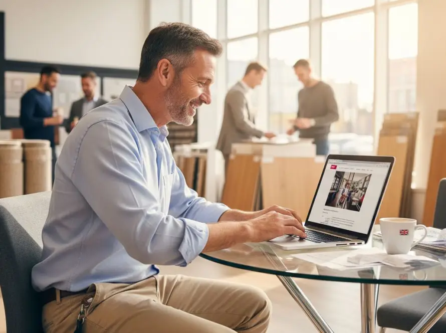 Flooring showroom owner checking website on laptop