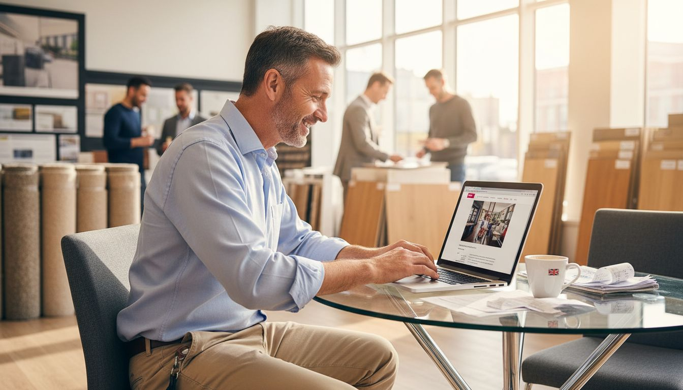 Flooring showroom owner checking website on laptop
