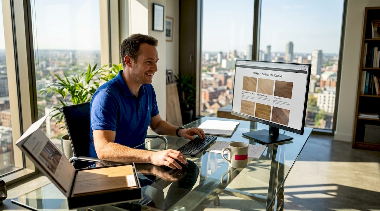 Man updating flooring website in sunny office