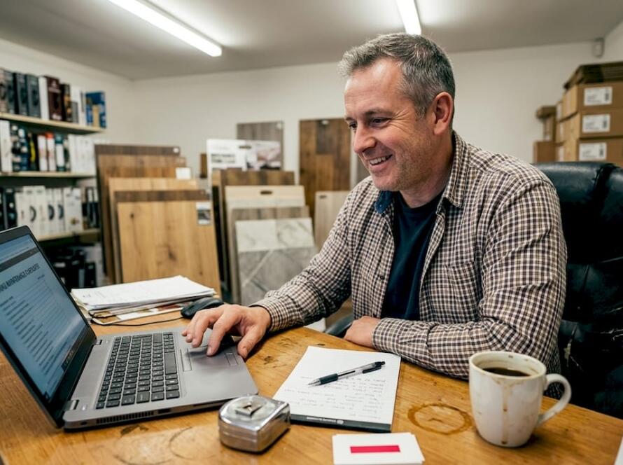 Flooring business owner manages website maintenance