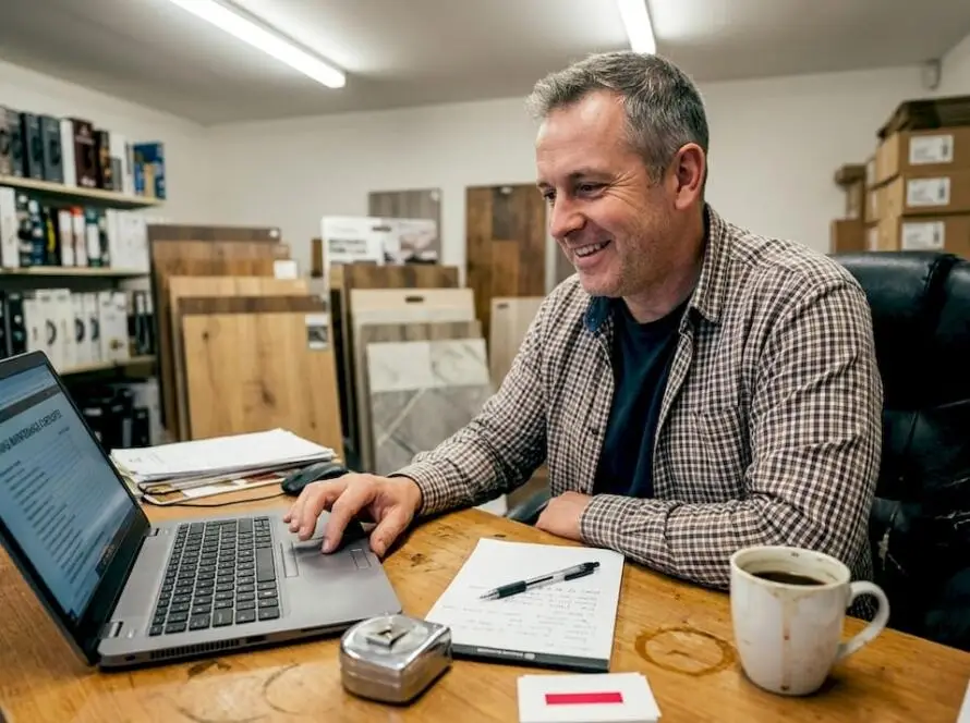 Flooring business owner manages website maintenance