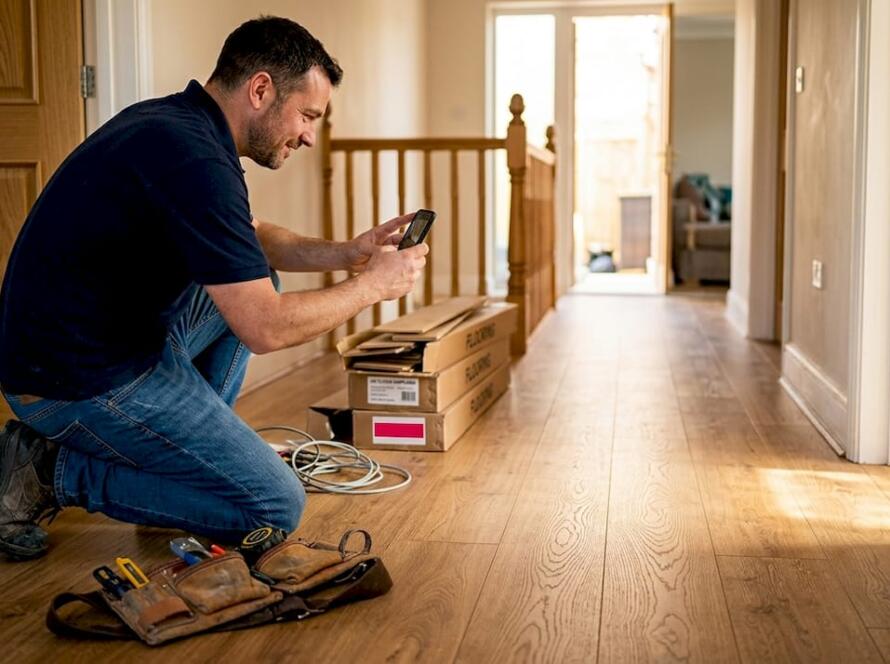 Installer photographing new oak laminate floor