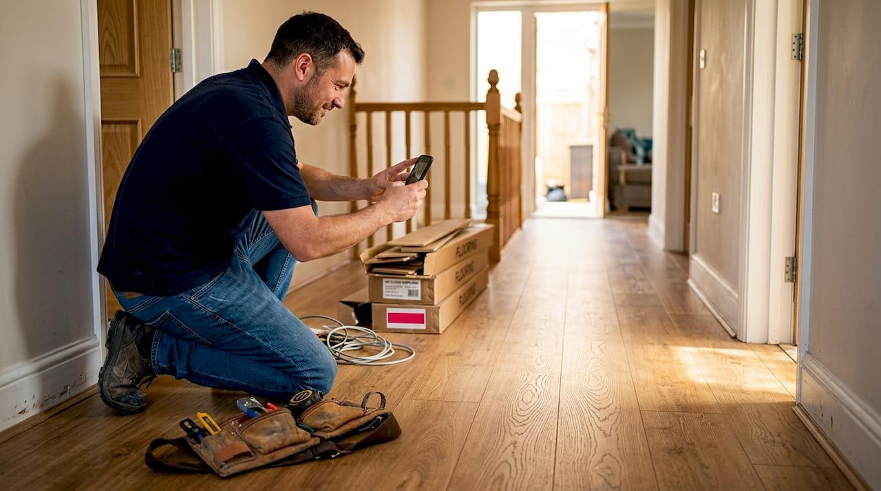 Installer photographing new oak laminate floor