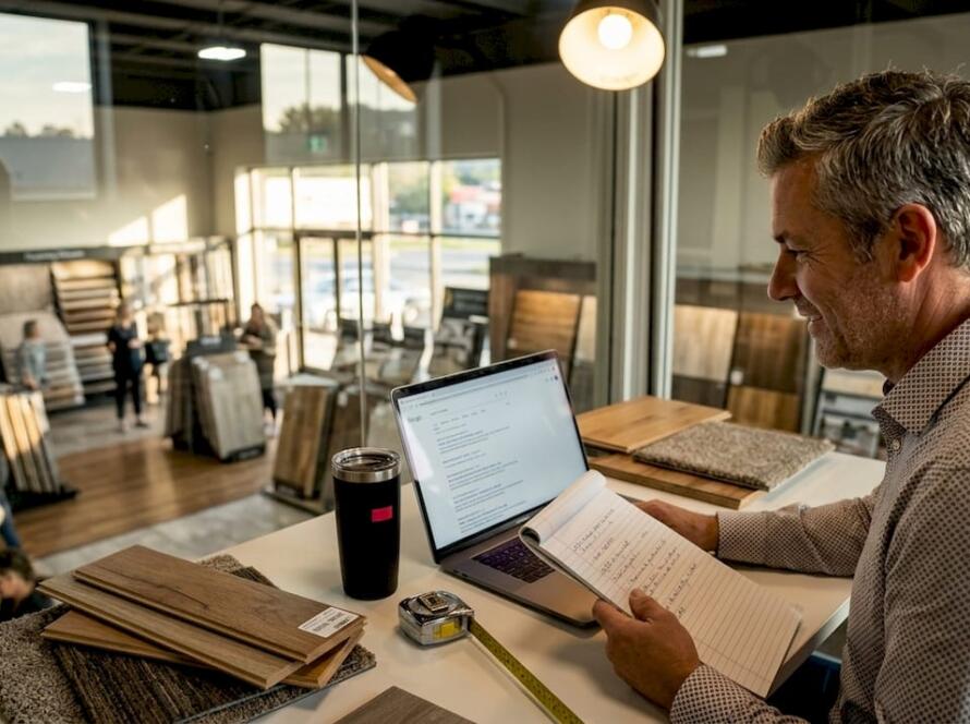 Flooring business owner reviewing local Google results