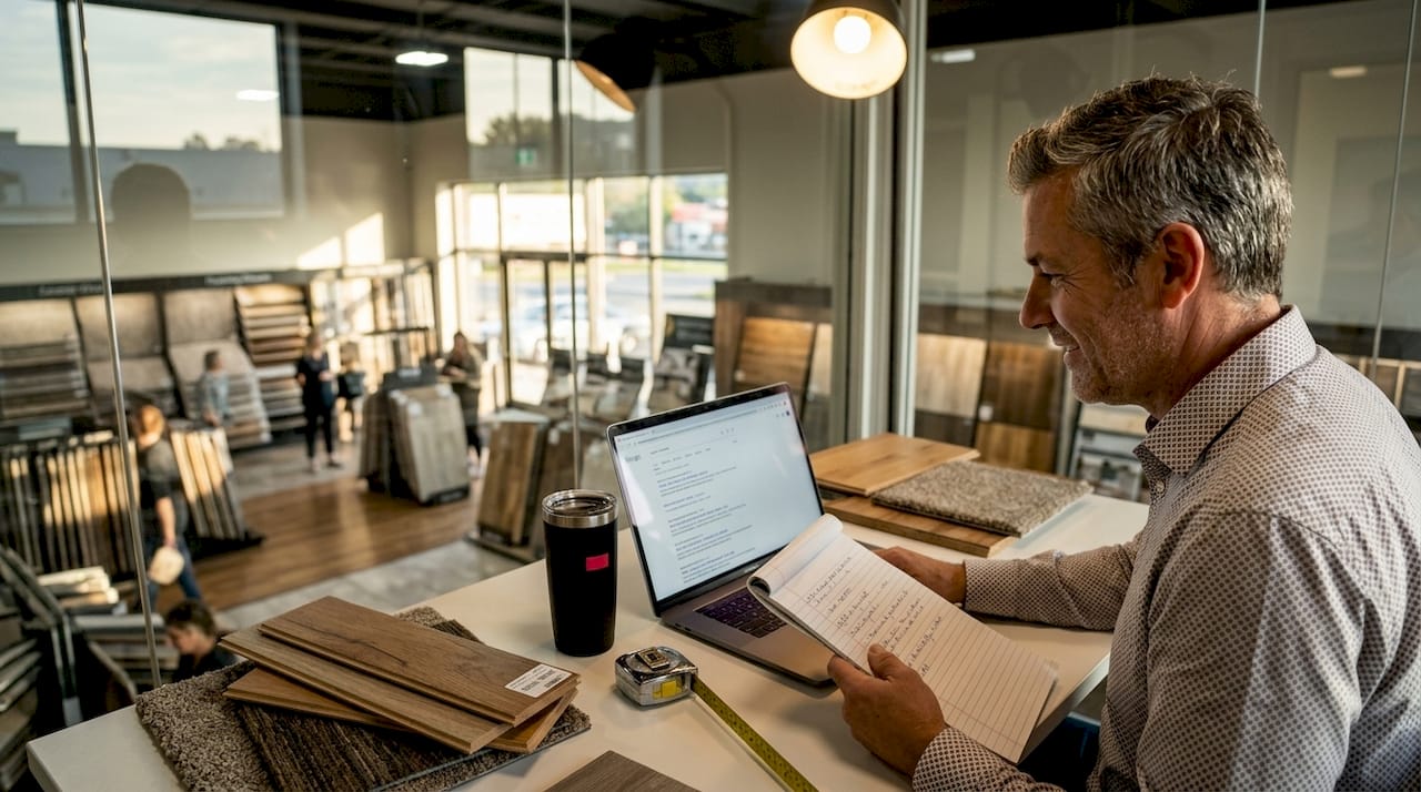 Flooring business owner reviewing local Google results