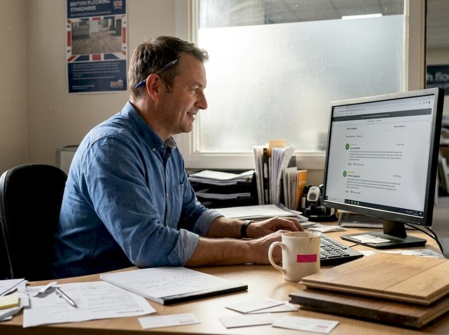 Flooring manager using website in showroom