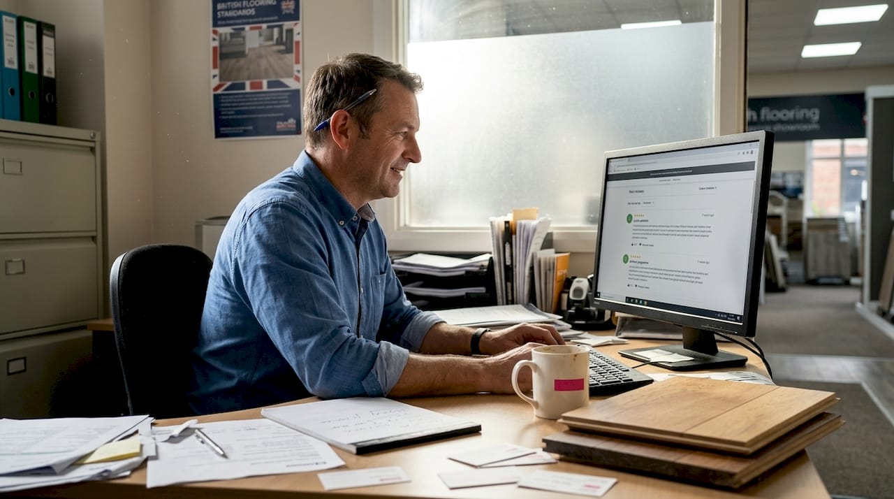 Flooring manager using website in showroom