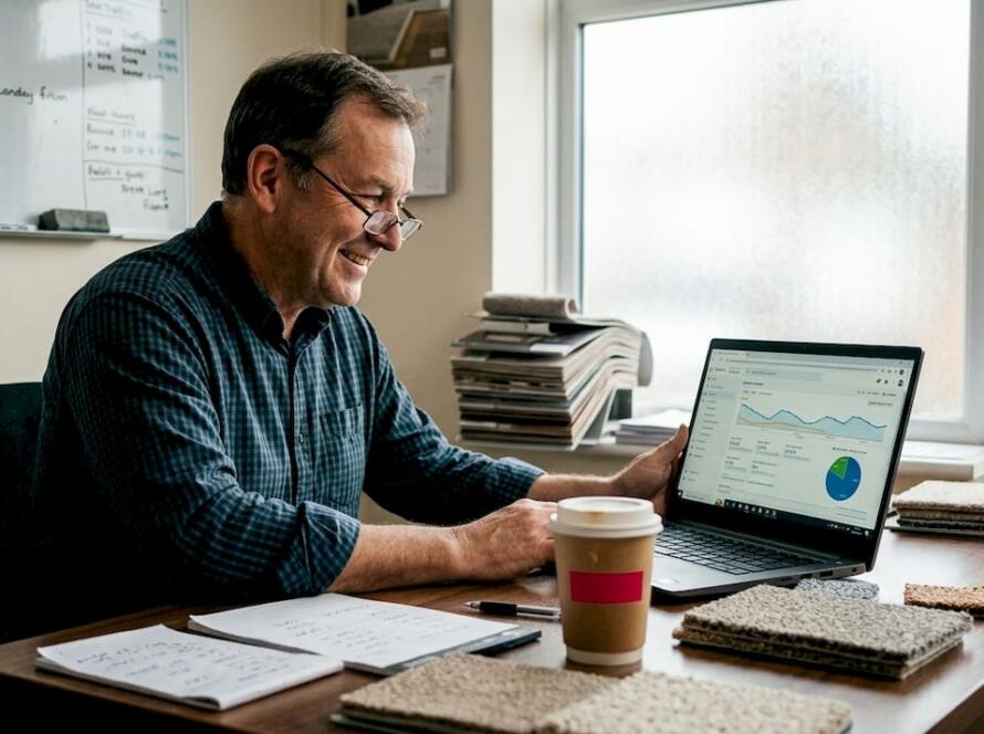 Flooring shop owner checking website analytics