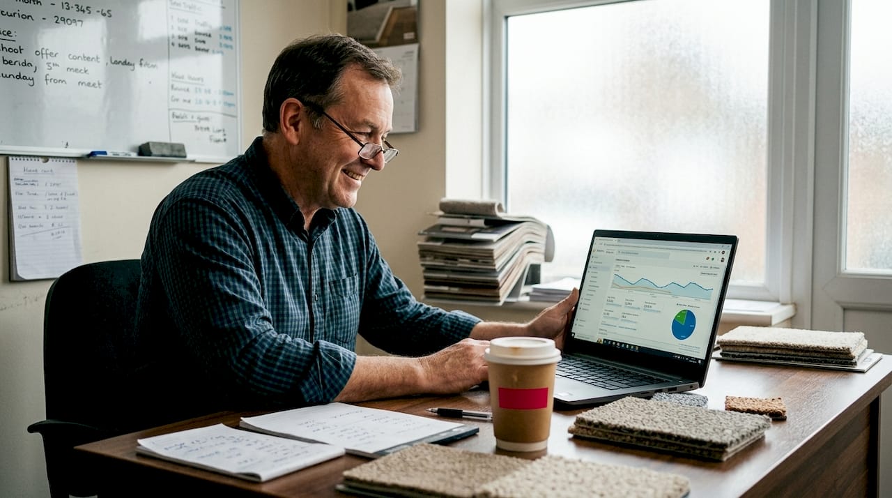 Flooring shop owner checking website analytics