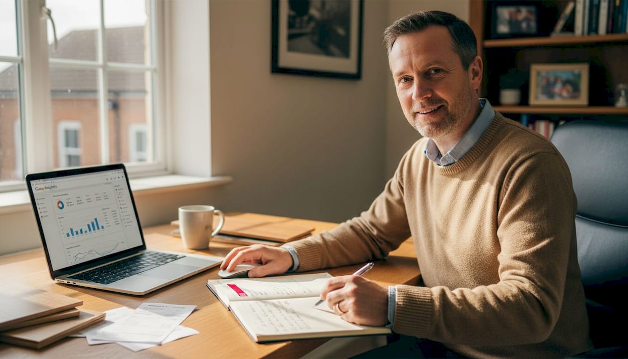 Owner reviewing website analytics at desk