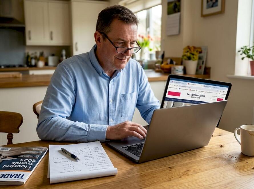 Business owner reviewing competitor flooring websites