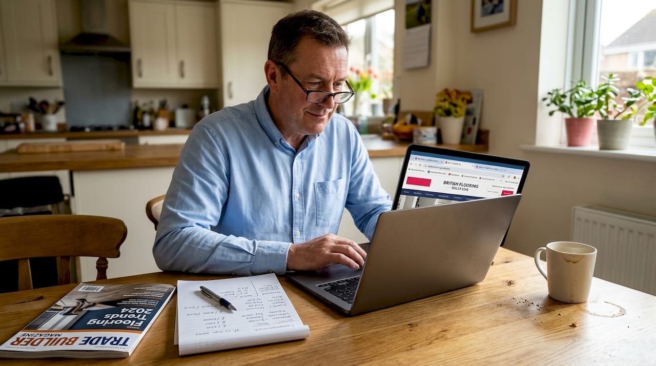 Business owner reviewing competitor flooring websites