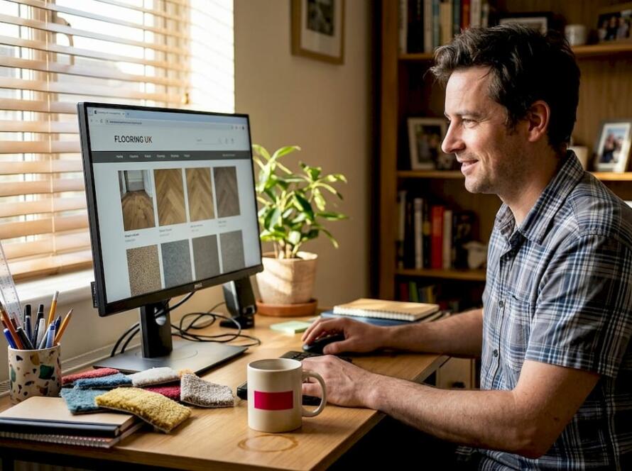 Man browsing flooring website in home office