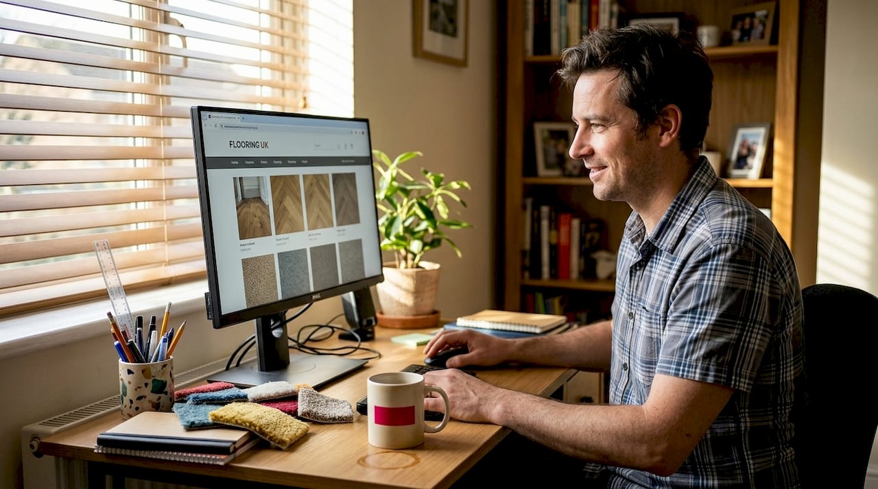 Man browsing flooring website in home office