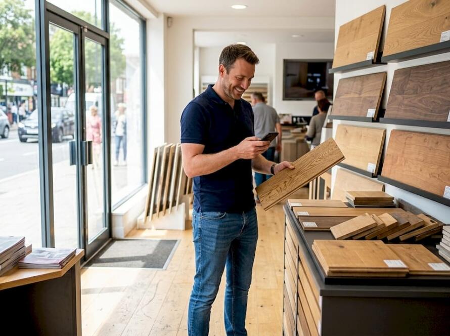 Customer browsing flooring showroom sample racks
