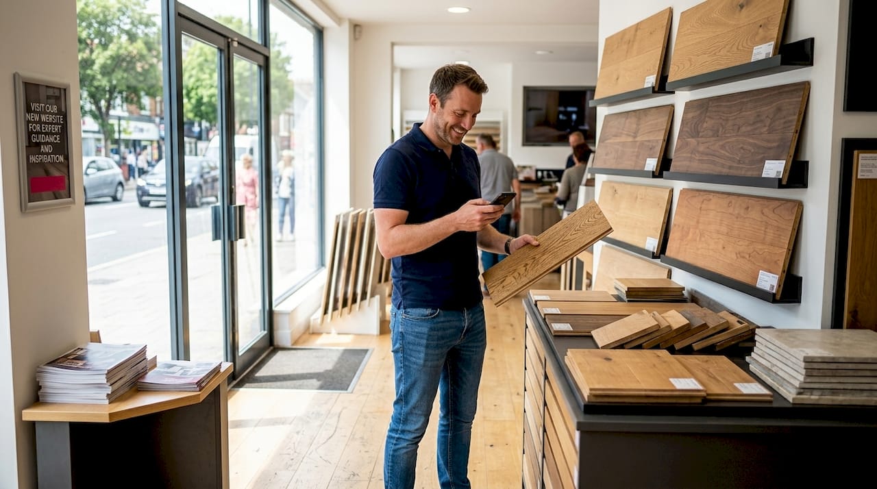 Customer browsing flooring showroom sample racks