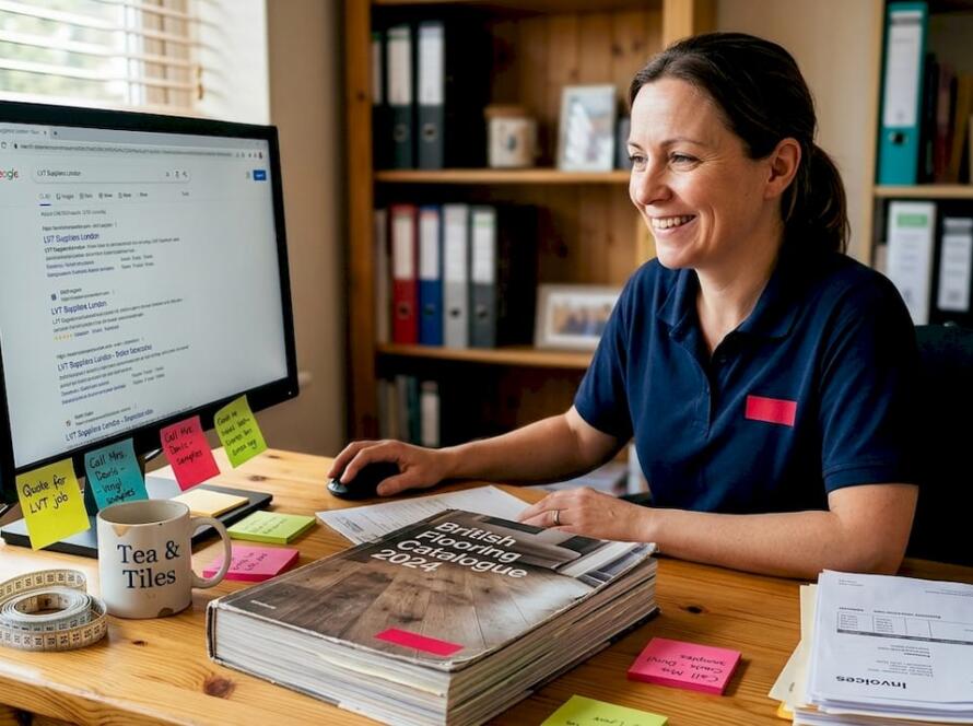 Flooring business owner reviewing online search results