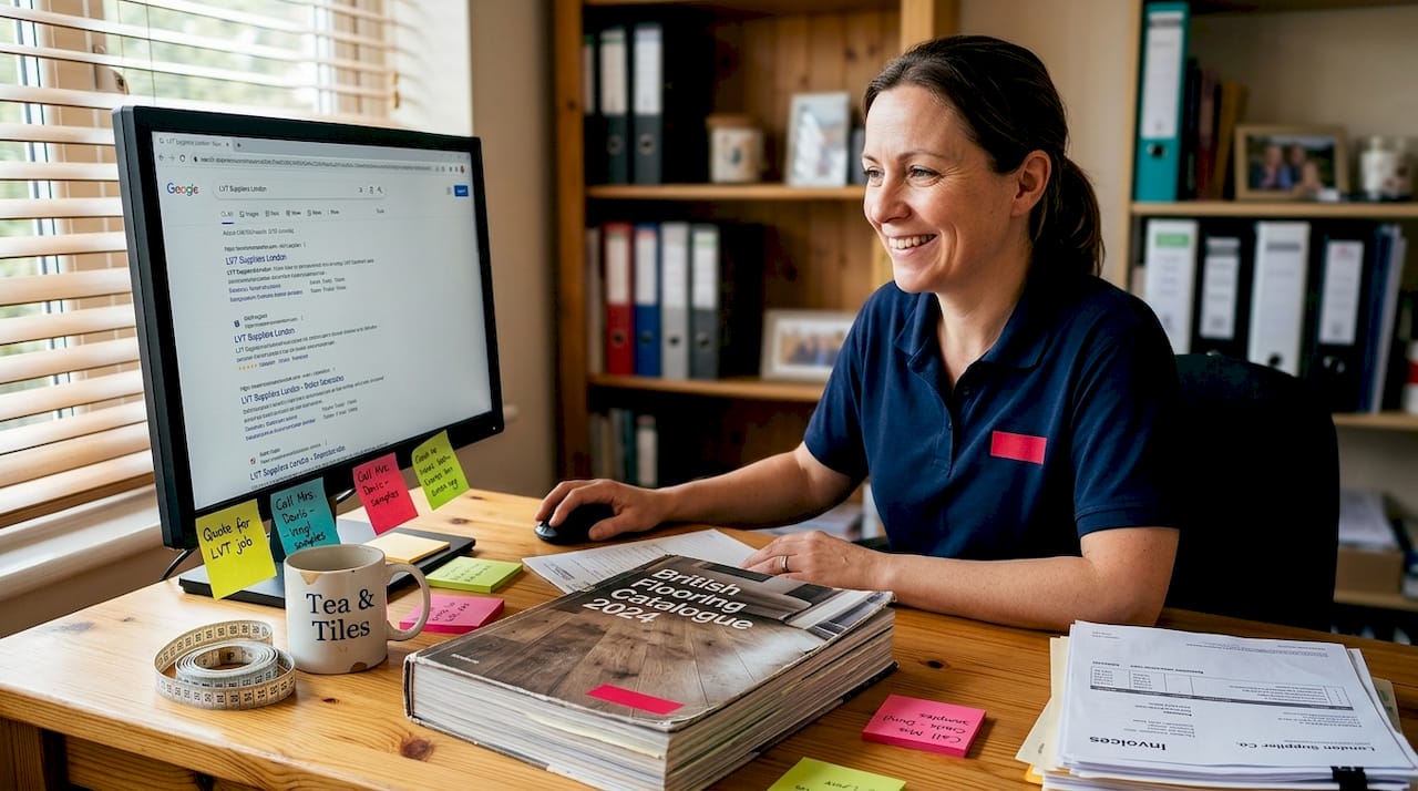 Flooring business owner reviewing online search results