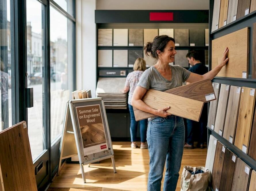 Customer comparing flooring samples in showroom