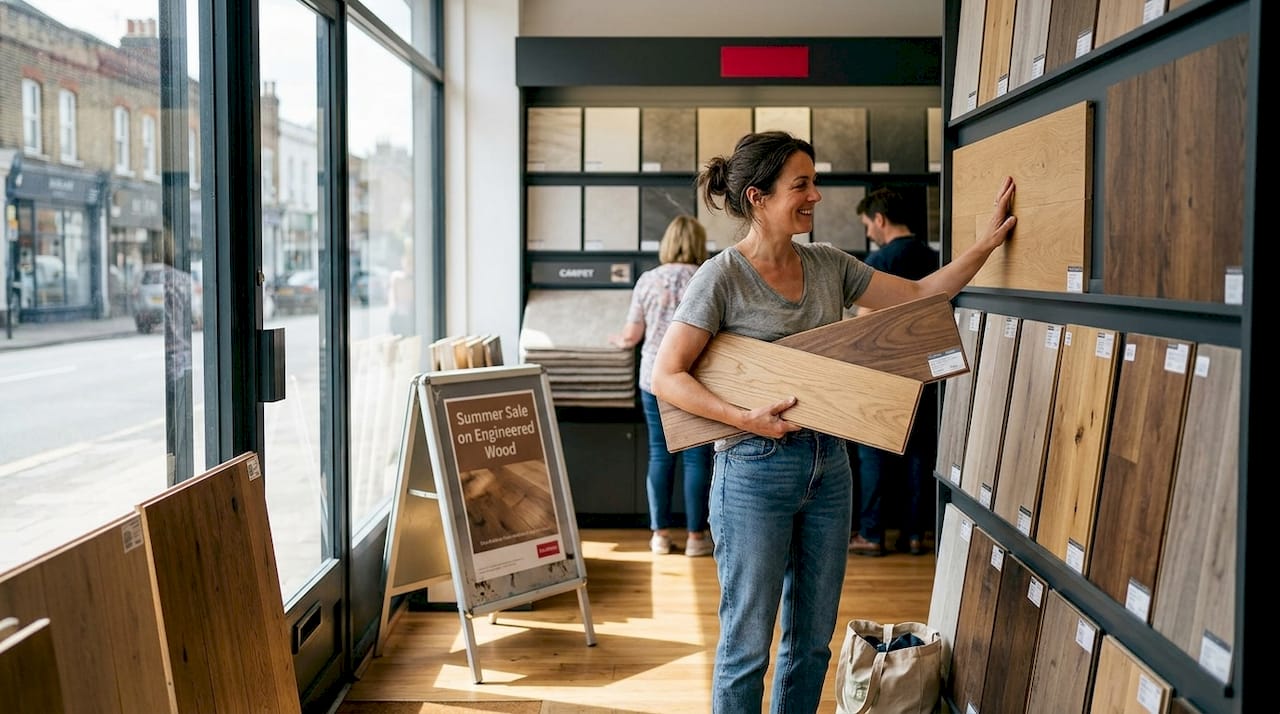 Customer comparing flooring samples in showroom
