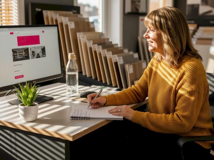 Woman browsing flooring website at showroom desk