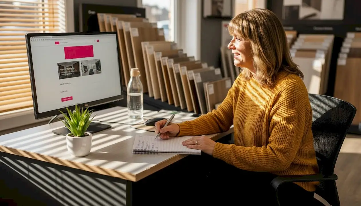 Woman browsing flooring website at showroom desk