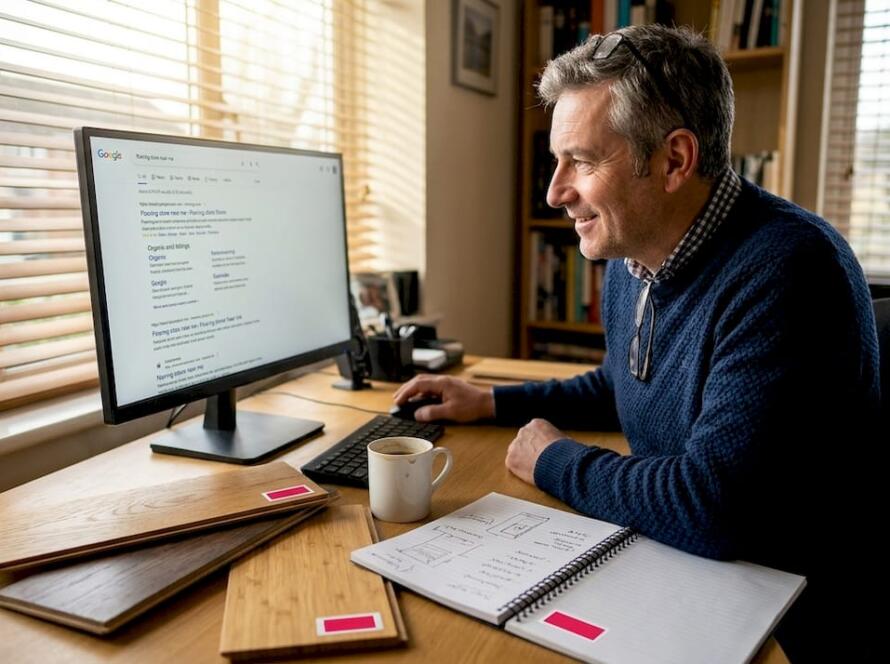 Flooring owner checks digital brand workspace