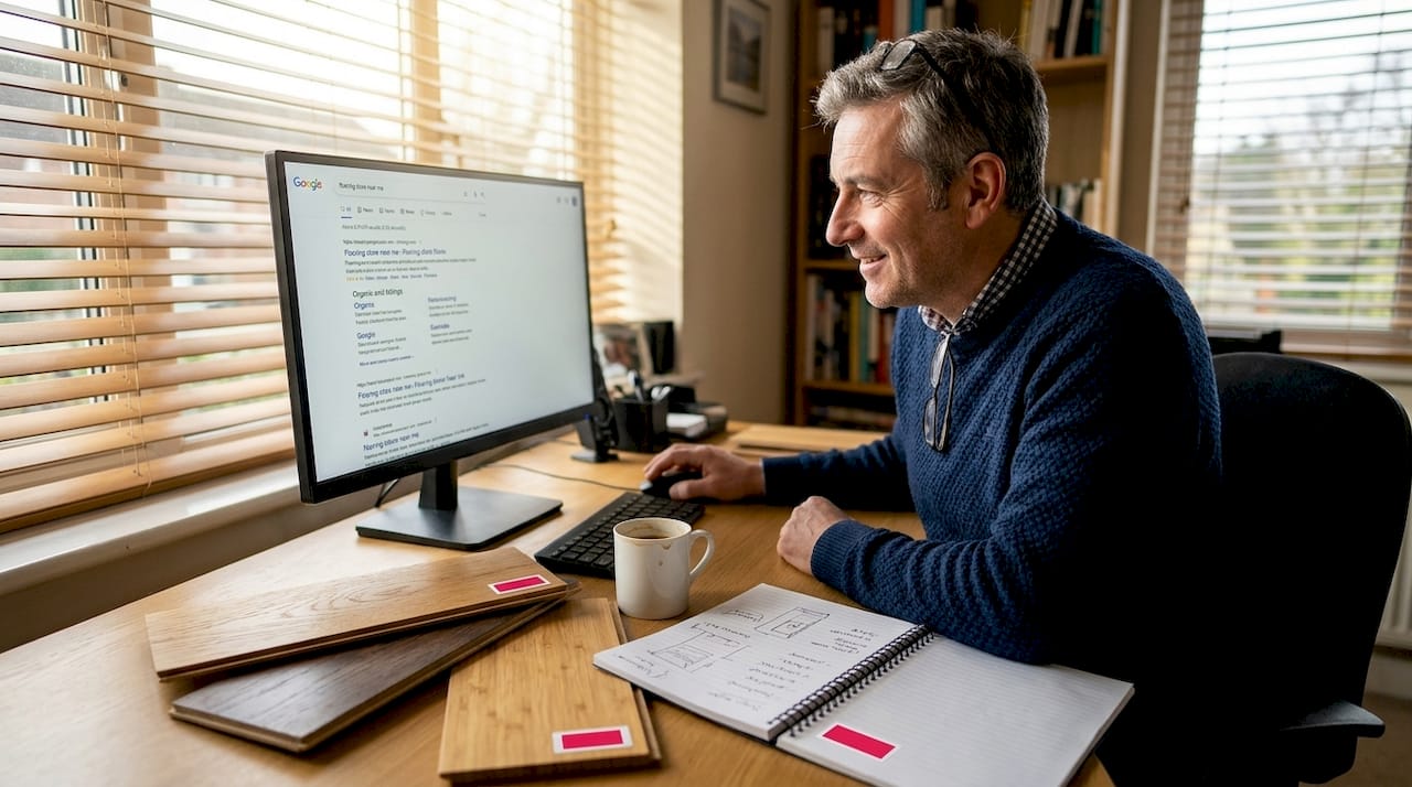 Flooring owner checks digital brand workspace