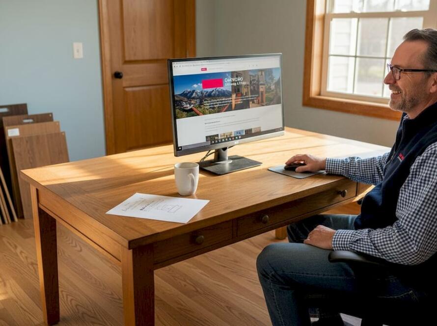 Flooring business owner updating website at desk