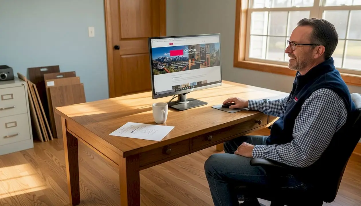 Flooring business owner updating website at desk