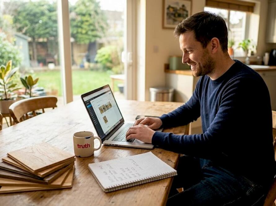 Man uploading flooring products in kitchen workspace
