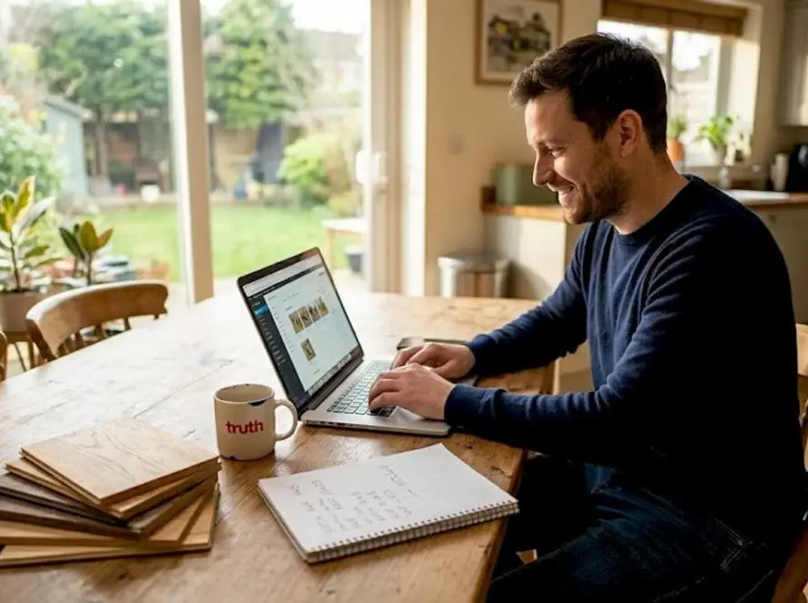 Man uploading flooring products in kitchen workspace