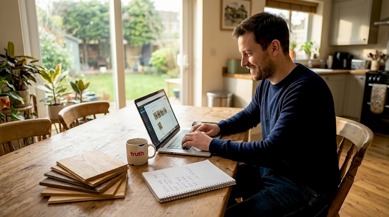 Man uploading flooring products in kitchen workspace