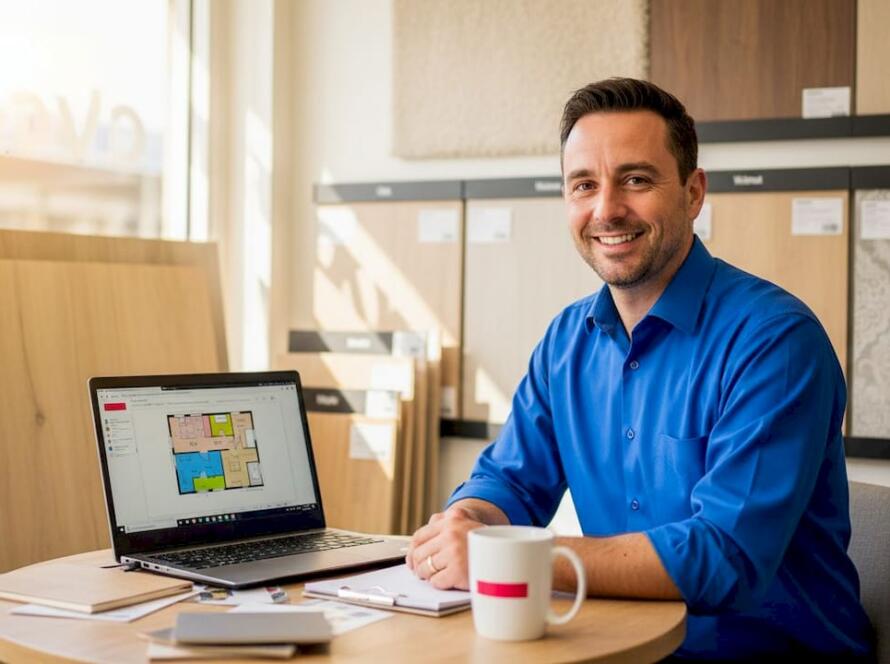 Flooring consultant in UK showroom meeting