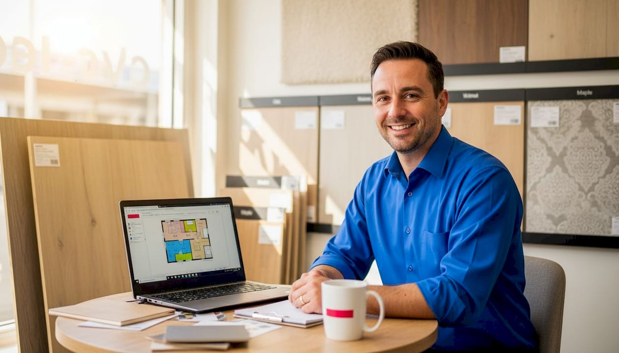 Flooring consultant in UK showroom meeting