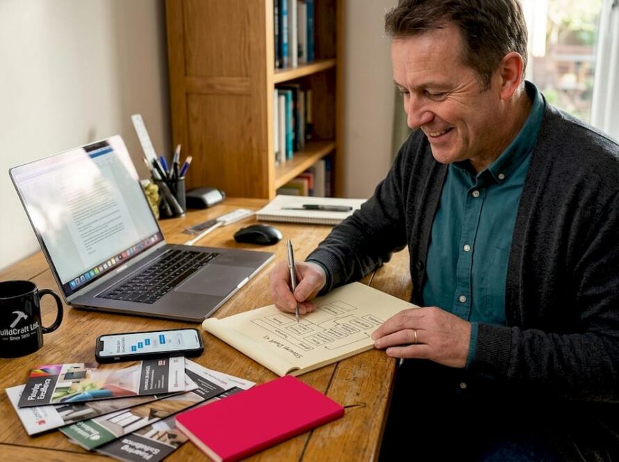 Business owner planning flooring website structure