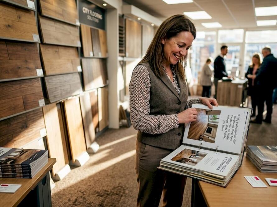 Flooring specialist in busy showroom with samples