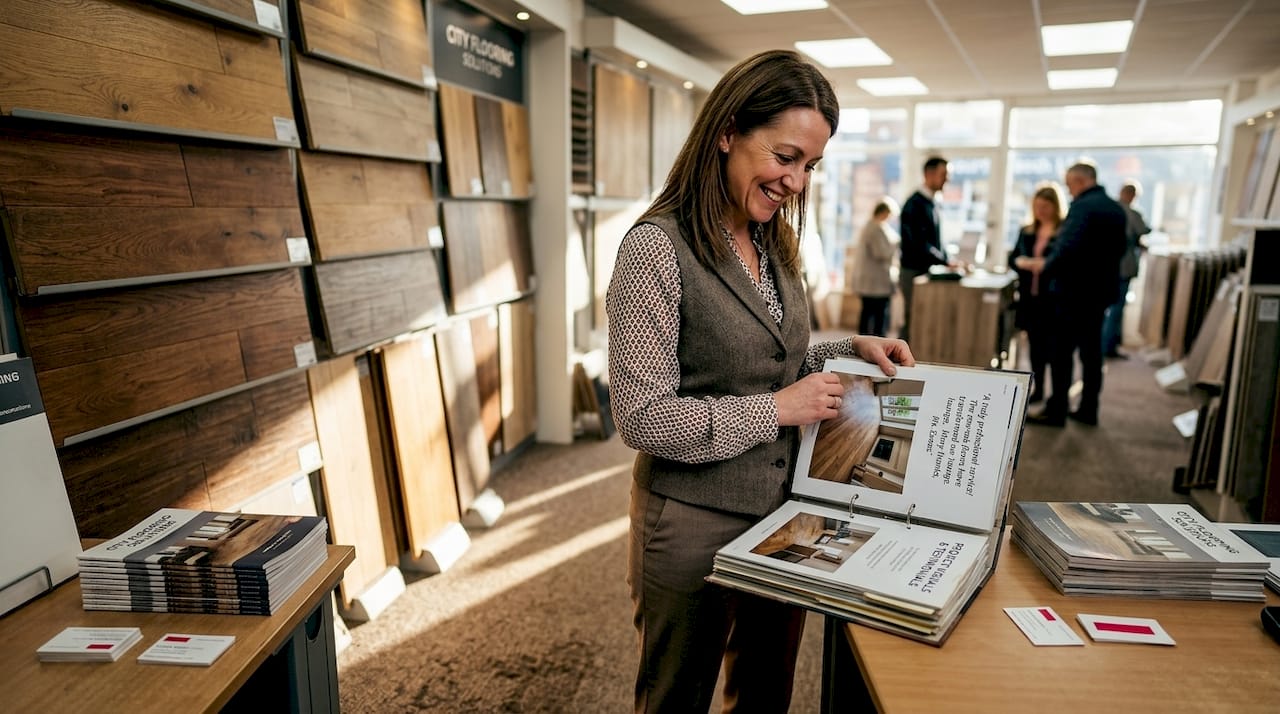 Flooring specialist in busy showroom with samples