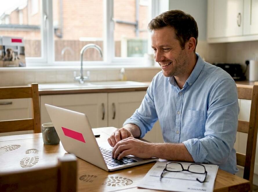 Business owner checking flooring website at home