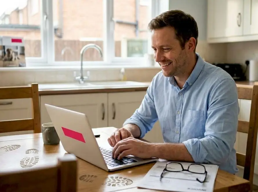 Business owner checking flooring website at home