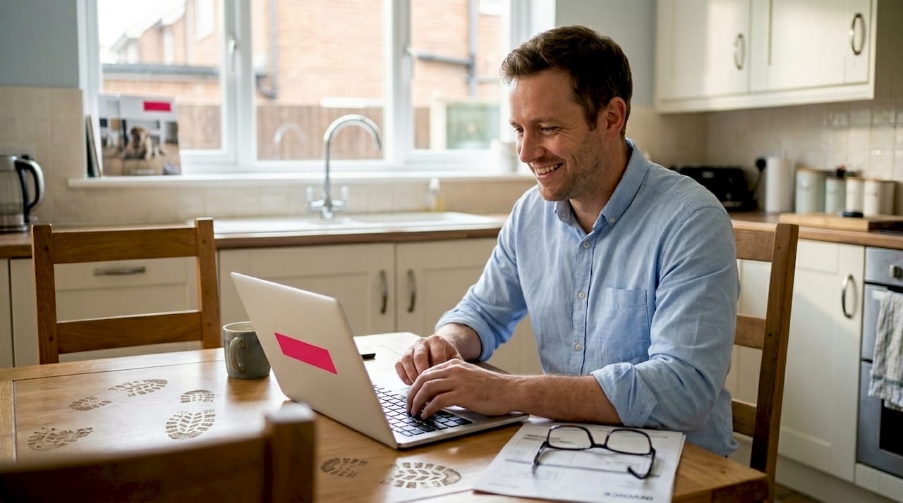 Business owner checking flooring website at home
