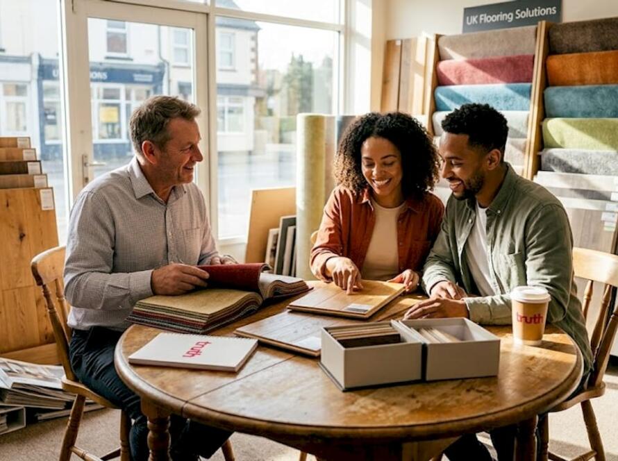 Flooring specialist reviews samples with clients
