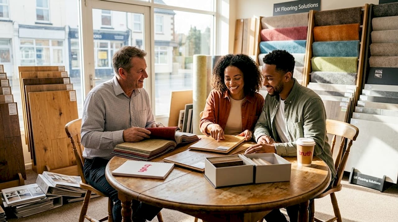 Flooring specialist reviews samples with clients