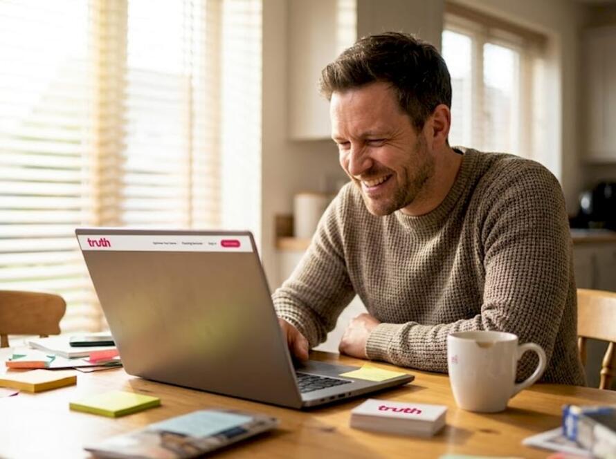 Business owner reviews flooring website on laptop