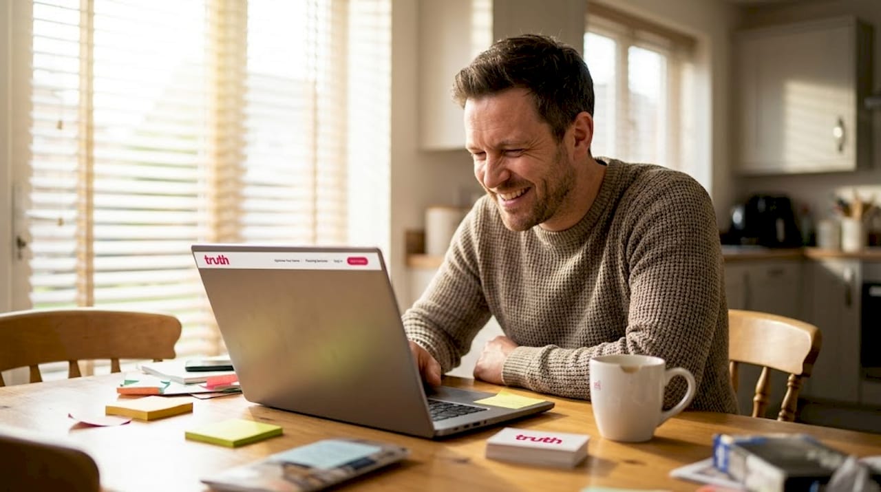 Business owner reviews flooring website on laptop